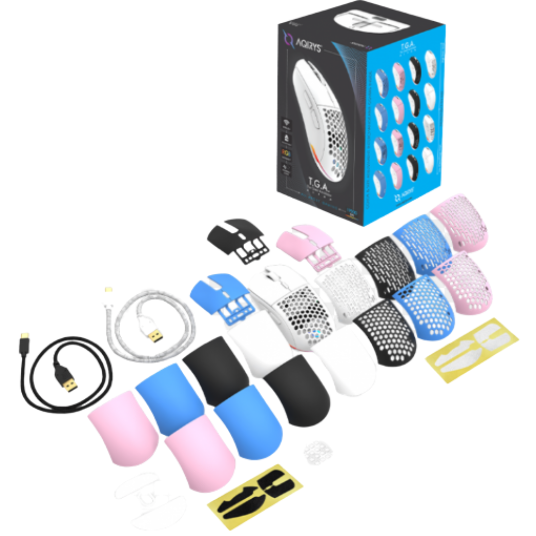 SOURIS GAMER AQIRYS TGA - Double mode(filaire & sans fil) RGB - 19000 ppp, Black -white- pink - Blue (2)