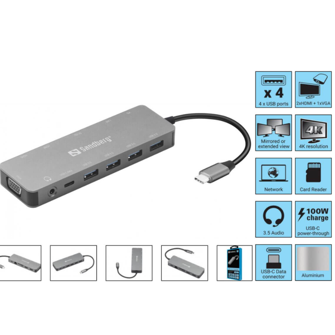 STATION D'ACCUEIL SANDBERG DOCK TRAVEL USB-C 13 EN 1 - GRIS (136-45 )