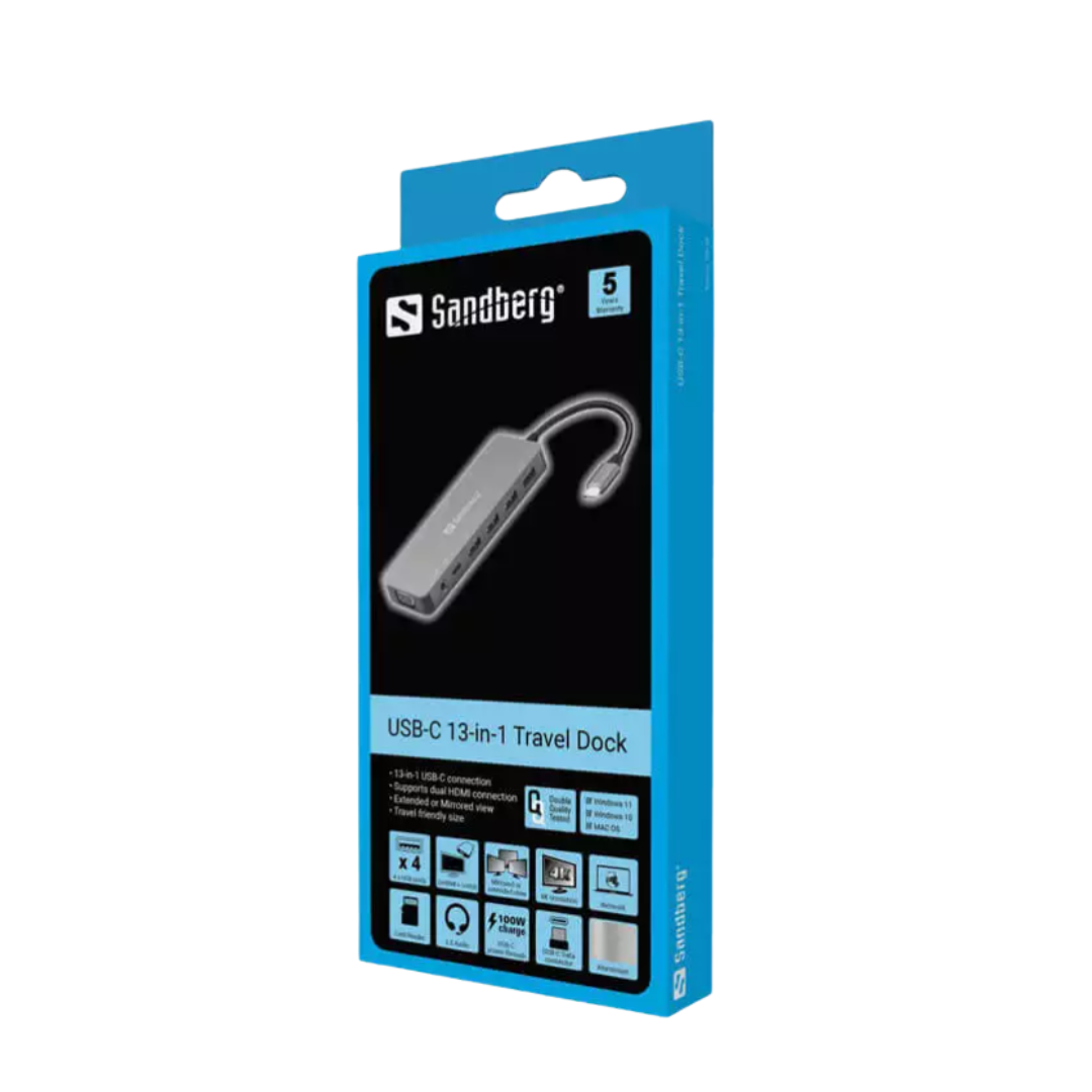 STATION D'ACCUEIL SANDBERG DOCK TRAVEL USB-C 13 EN 1 - GRIS (136-45 ) (2)