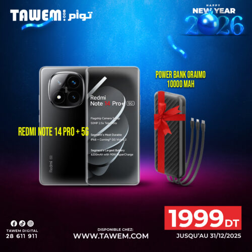 Smartphone Xiaomi Redmi Note 14 Pro Plus 5G 12Go 512Go - Midnight Black + Power Bank Oraimo 10.000mAh