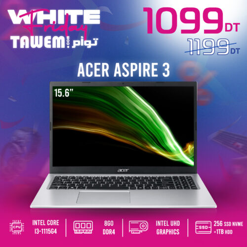 PC Portable Acer Aspire A315 / i3-1115G4 / 8 Go / 256G SSD + 1TB HDD - Gris