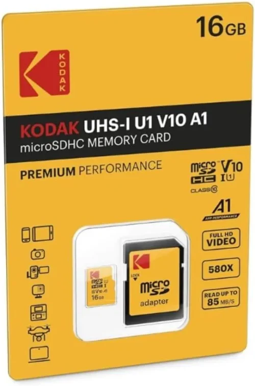 Carte Mémoire Micro SDXC KODAK Premium 16 Go UHS-I U1 V10 Classe 10 avec Adaptateur