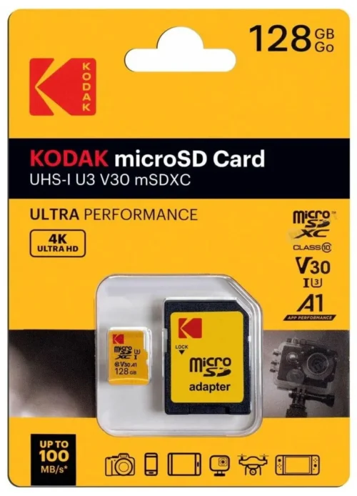 Carte Mémoire Micro SDXC KODAK Ultra 128 Go UHS-I U3 V30 4K avec Adaptateur